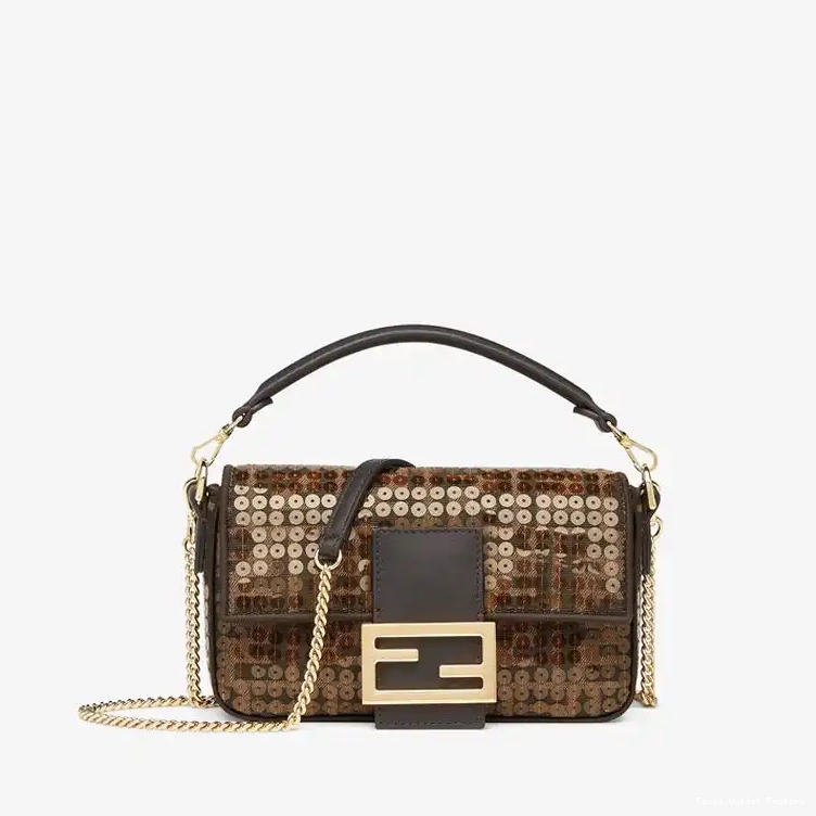Cheap HOT Sequins Fabric Motif Fendi FF Baguette with Bag Brown Mini In 0522